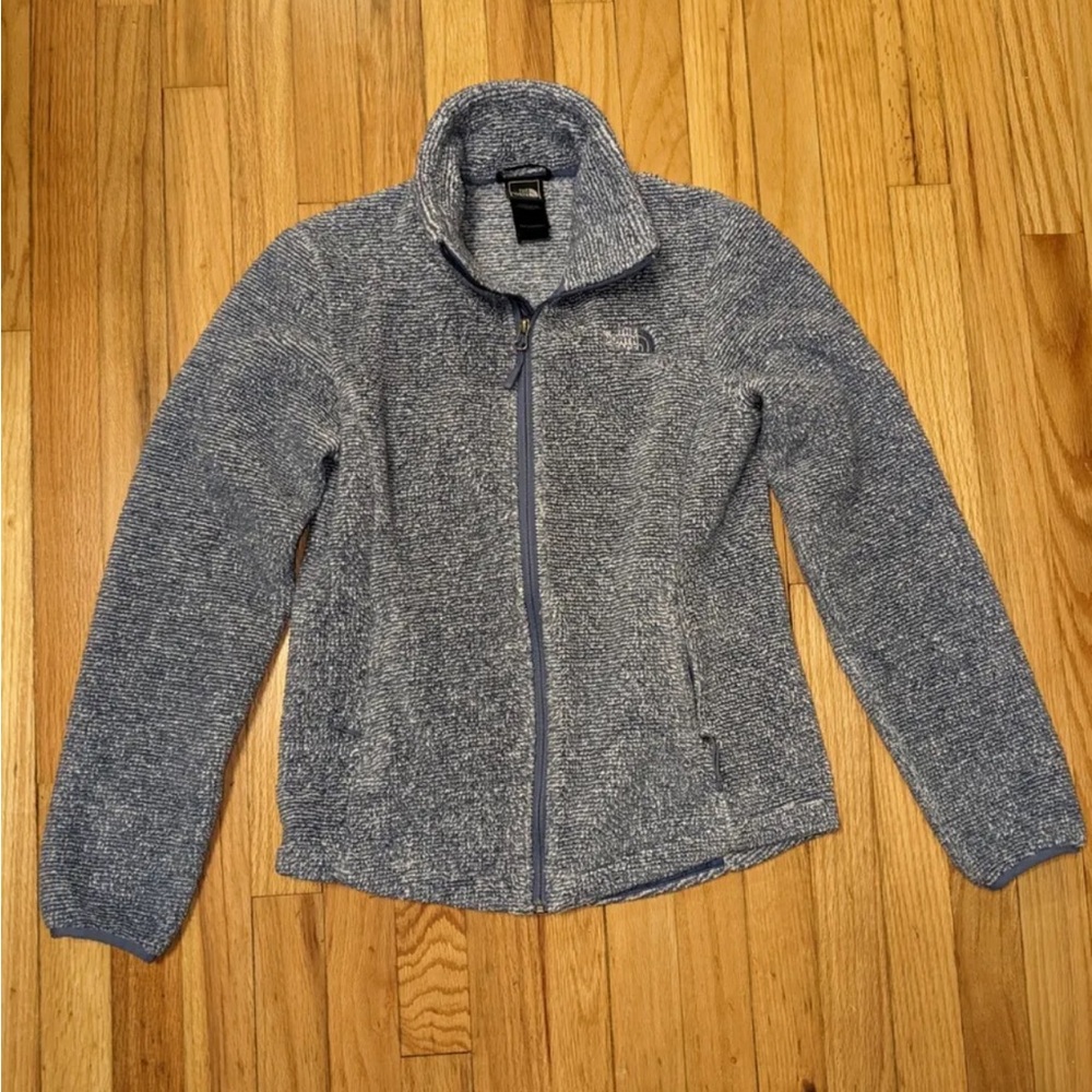 North Face Fuzzy Jacket Blue White Sweatshirt Women S/P Long Sleeve Sweater